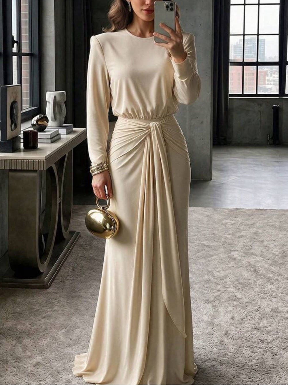 Autumn/Winter Solid Color Round Neck Long Sleeve Maxi Satin Dress, Elegant Women